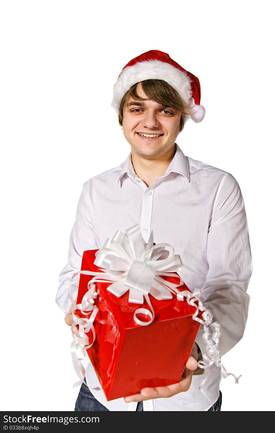 Happy man with gift box. Isolated over white