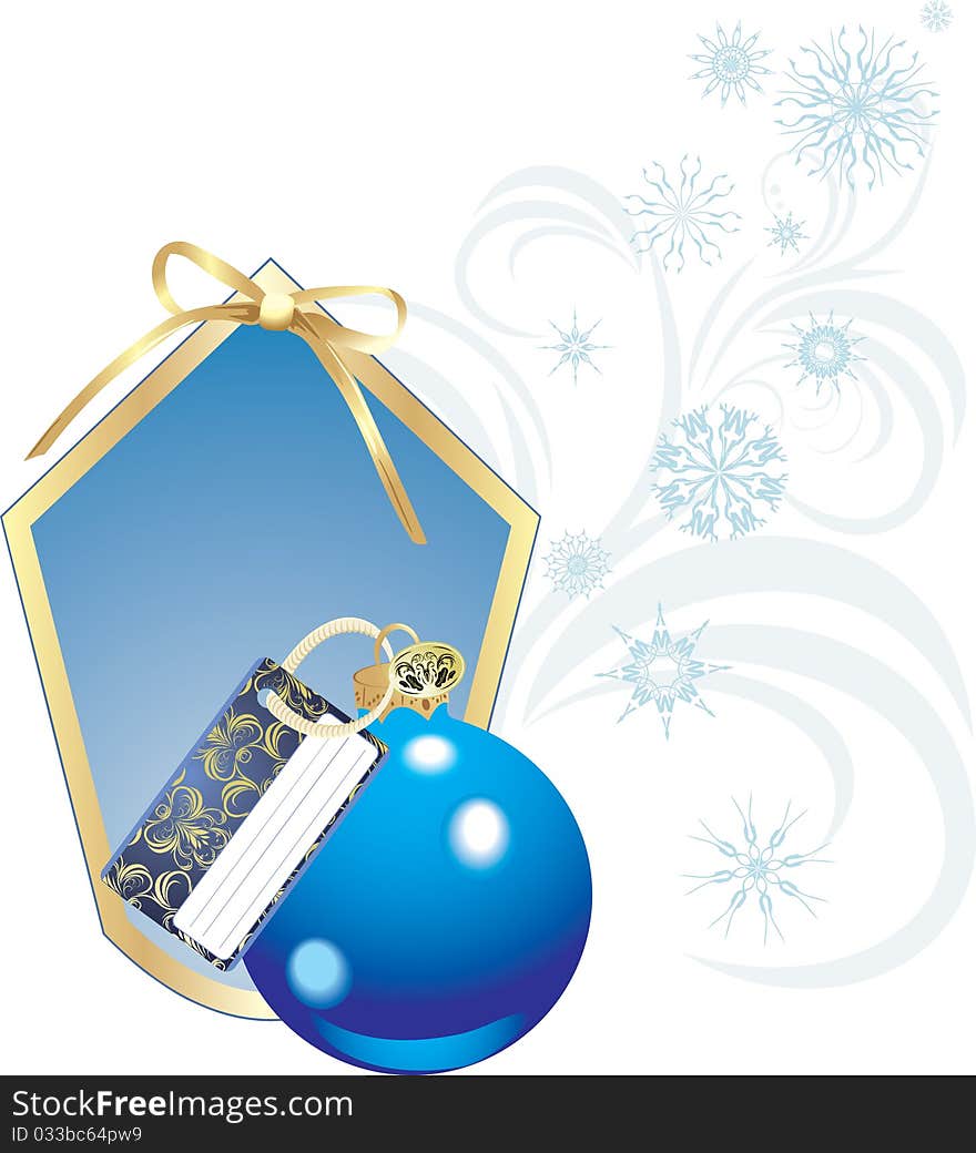 Blue Christmas ball with card and snowflakes