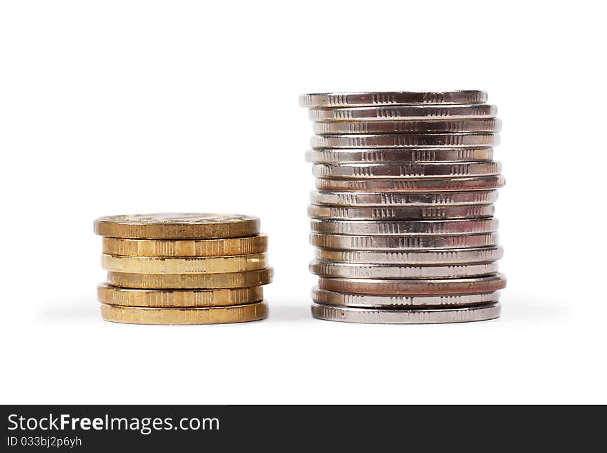 A stacks of coins isolated on the white