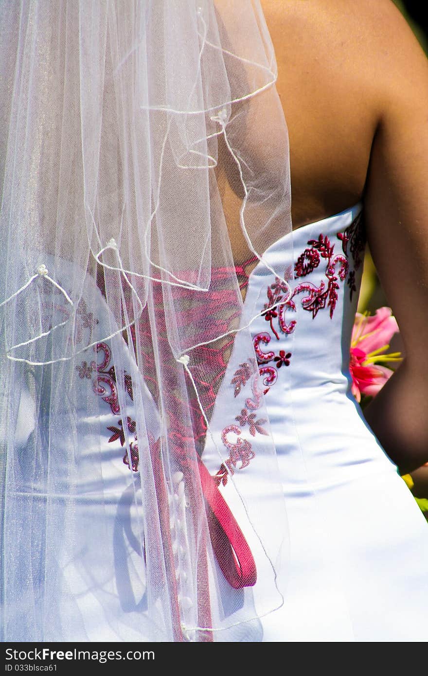 Back of a woman's dress with red lancing. Back of a woman's dress with red lancing