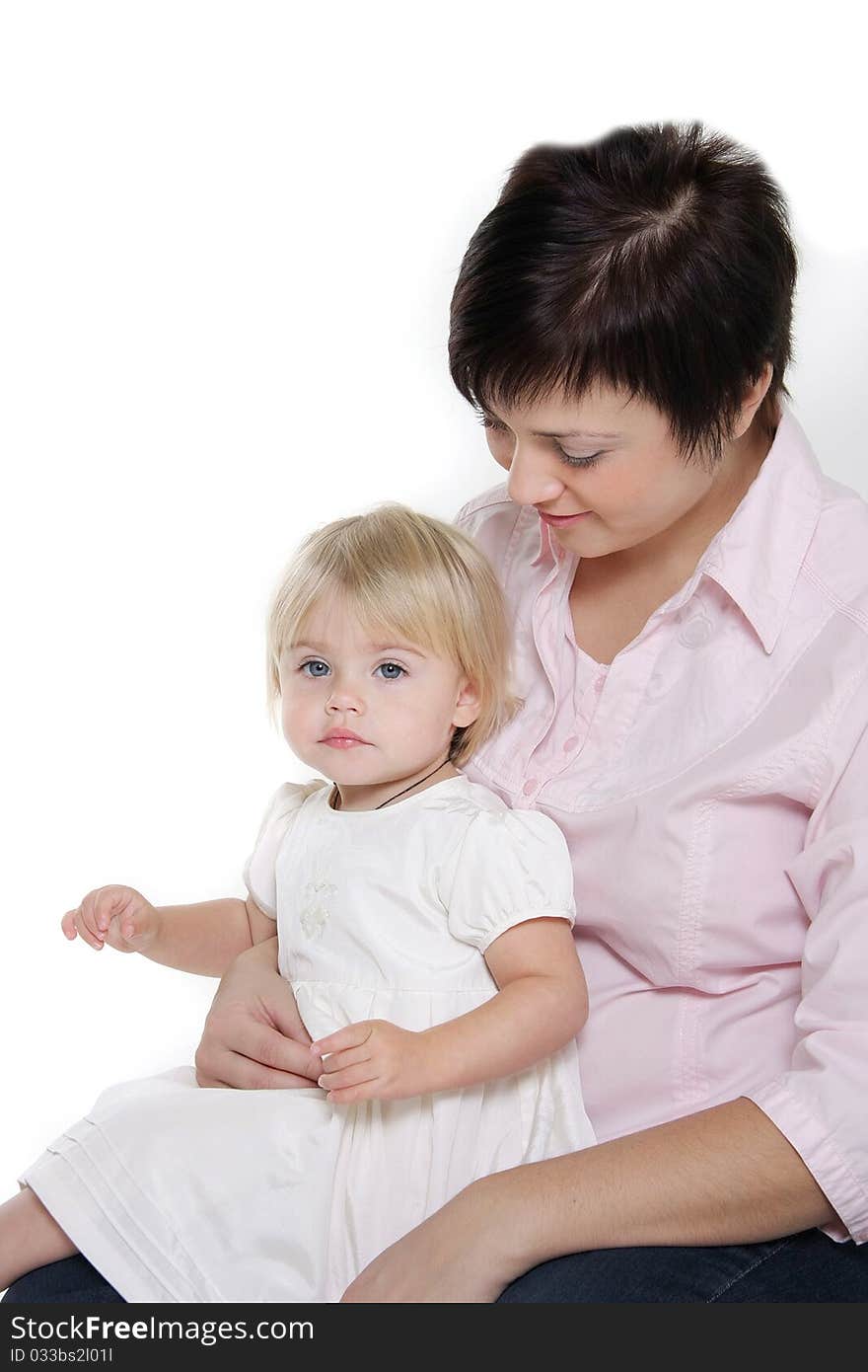 Mother and daughter over white