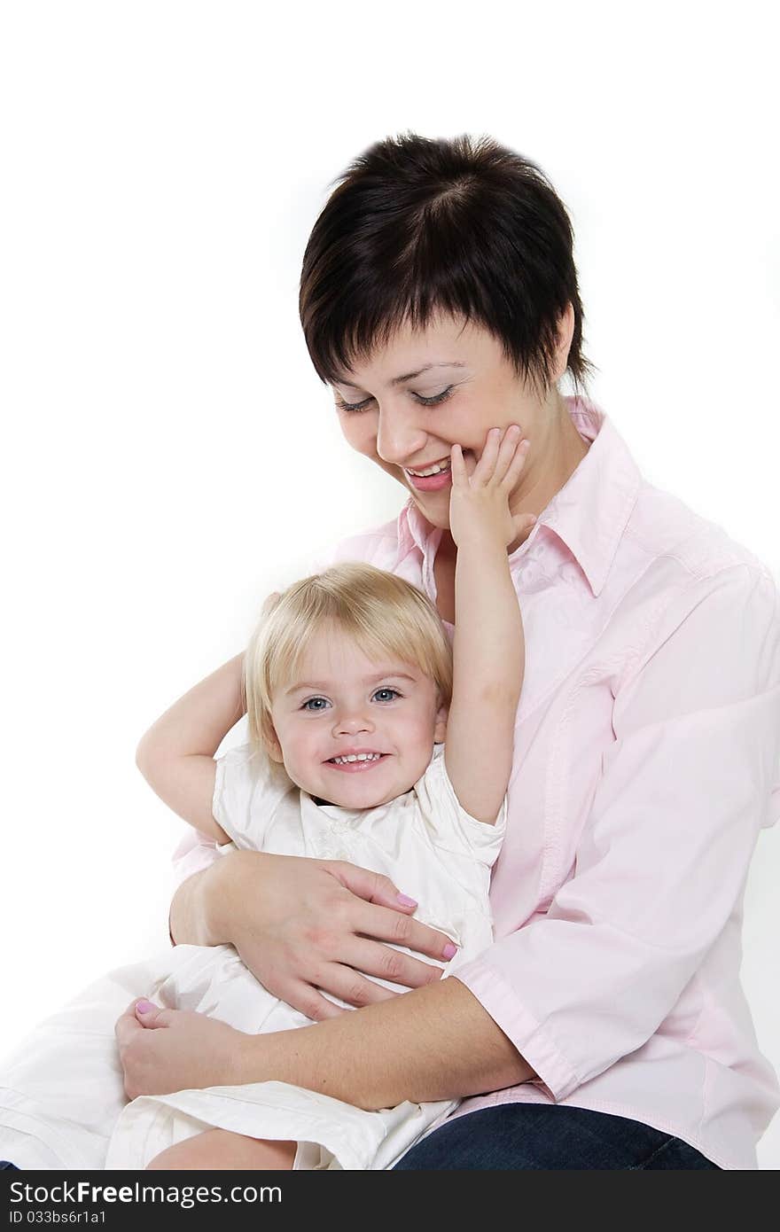 Mother and daughter over white