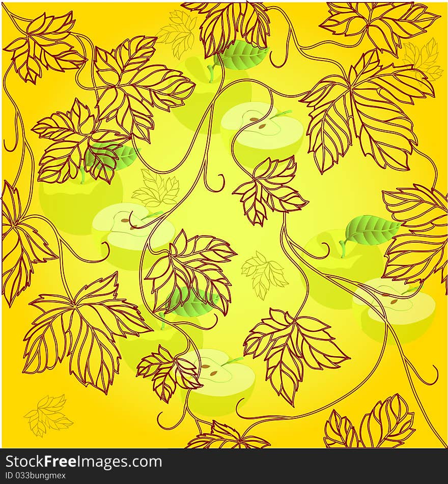 Seamless Wallpaper with floral ornament with leafs and applefor vintage design, Vector retro background