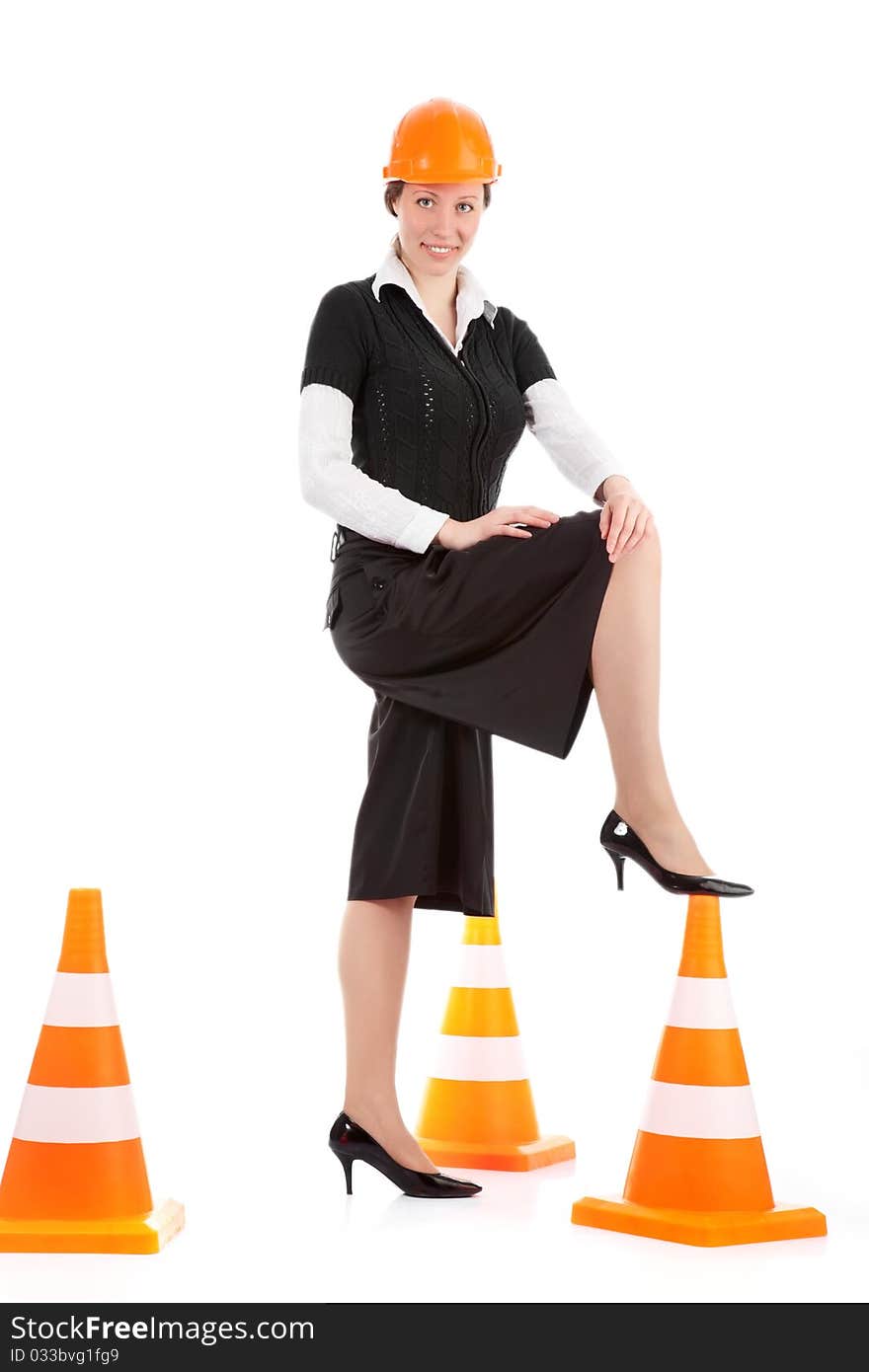 A business woman With cones over white background. A business woman With cones over white background