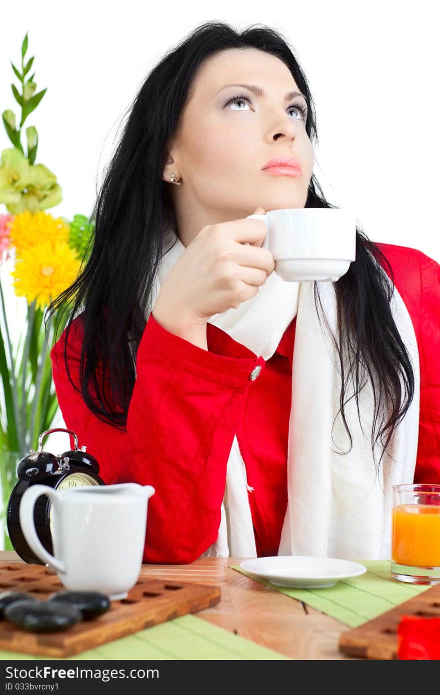 Beautiful woman  in cafe over white background