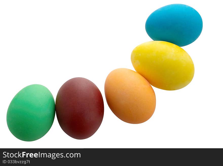 Five Easter  colored eggs (blue, yellow,  orange,  violet, green) on white background