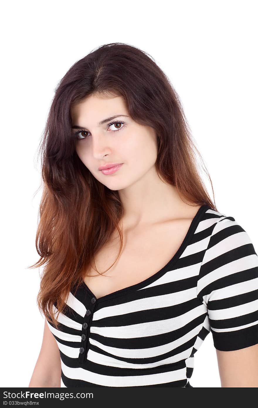 Beauty girl in t-shirt from material in white stripes on white background