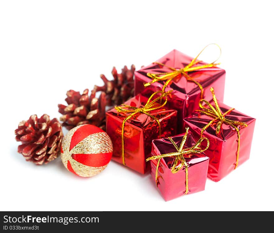 Festive gift boxes with cone isolated on white background