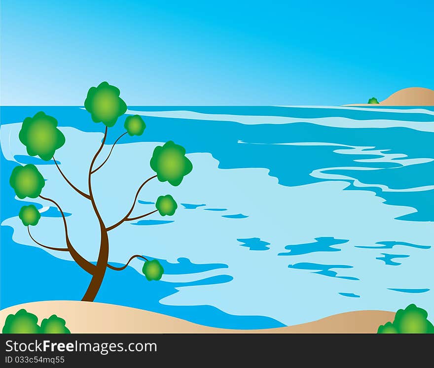 Illustration treespring summer vector blue sky clouds water sea. Illustration treespring summer vector blue sky clouds water sea