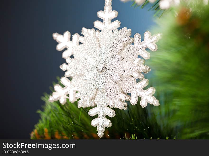 Branch of Christmas tree with snowflake