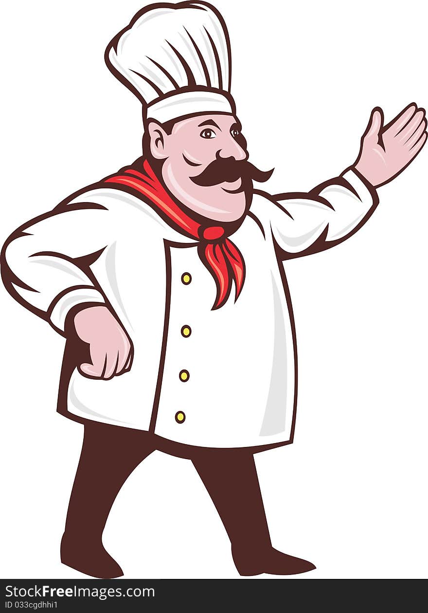 Illustration of a cartoon Italian chef with mustache saying hello or welcome with hands extended isolated on white. Illustration of a cartoon Italian chef with mustache saying hello or welcome with hands extended isolated on white