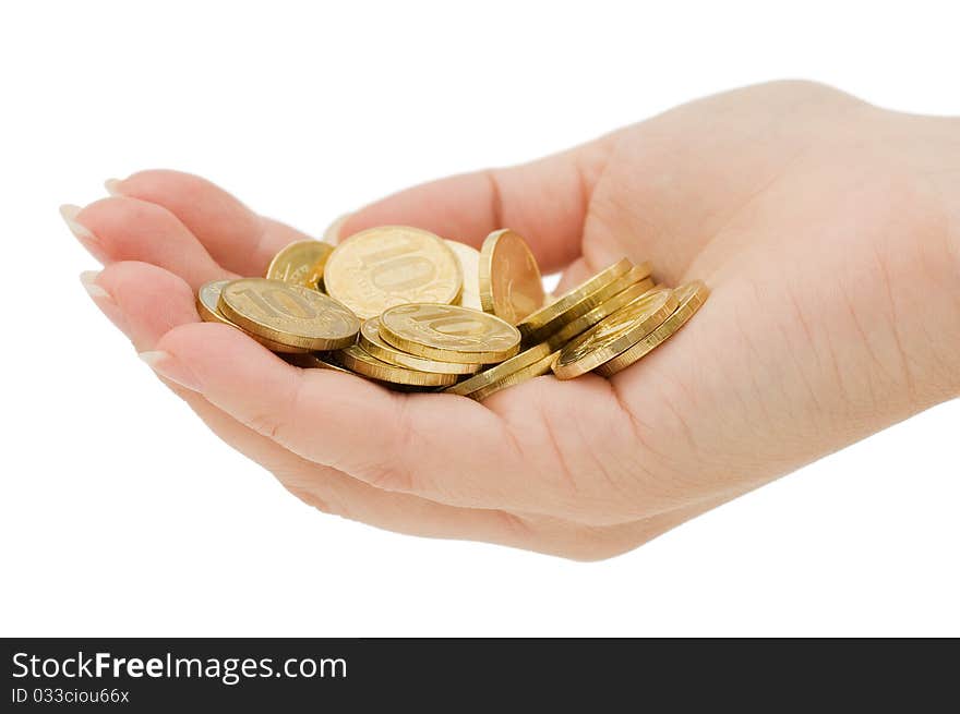 Hands with coins isolated on white background