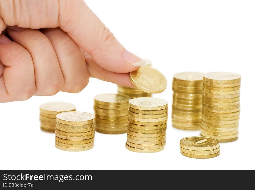 Hands with coins isolated on white