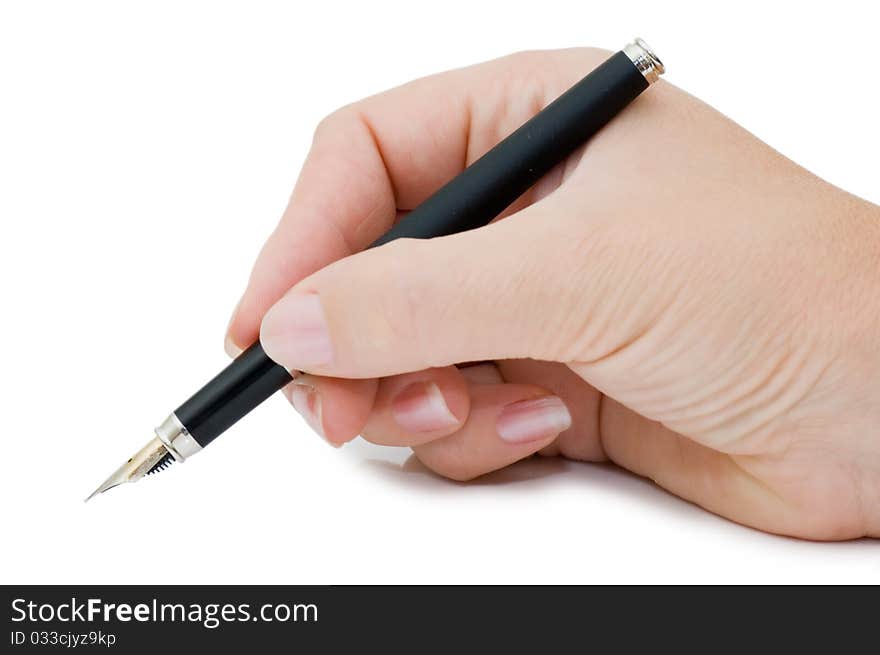 Pen in woman hand isolated on white