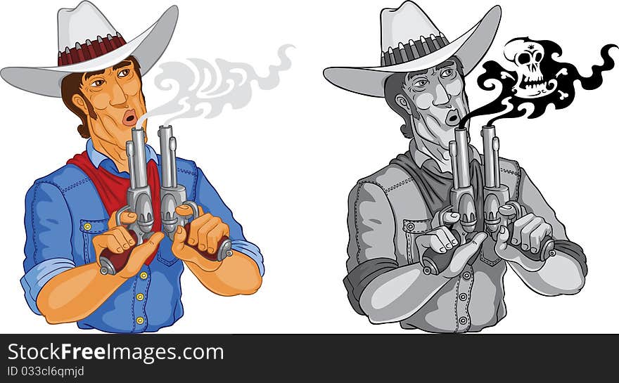 The man in cowboy's clothes, having control over two pistols, blows off a smoke from their trunks. The man in cowboy's clothes, having control over two pistols, blows off a smoke from their trunks.