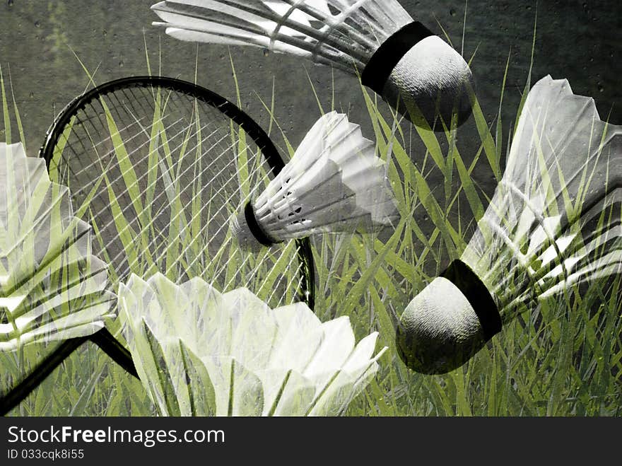 Badminton racket and shuttlecocks in action close-up and in black and white with green grass. Badminton racket and shuttlecocks in action close-up and in black and white with green grass.