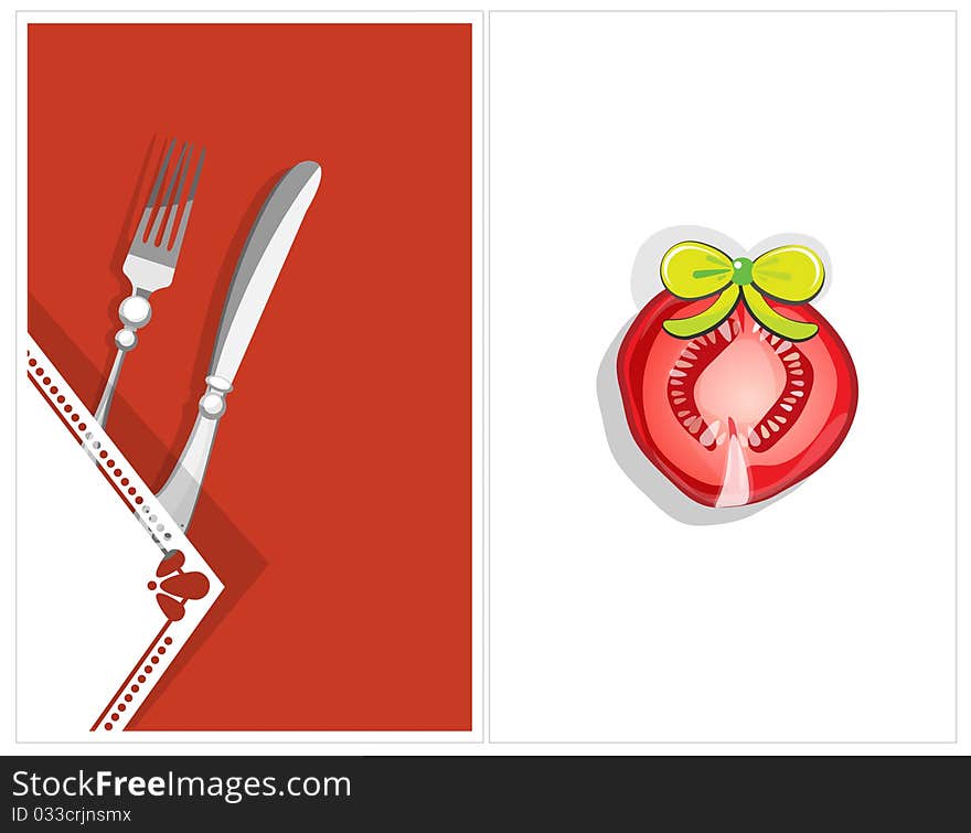 Double poster, with cutlery and a slice of tomato with a bow. Double poster, with cutlery and a slice of tomato with a bow