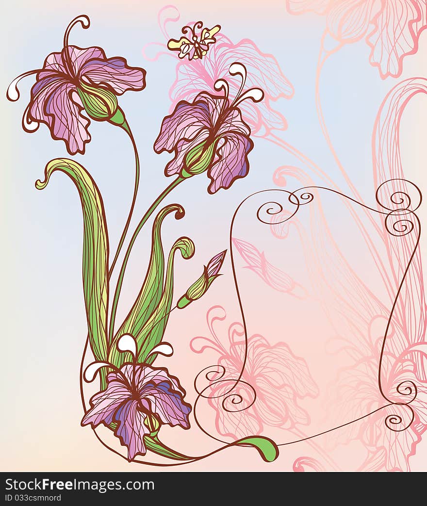 Background with decorative flowers and butterfly