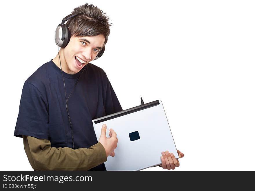 Teenager with headphones plays guitar on laptop. Isolated on white background.