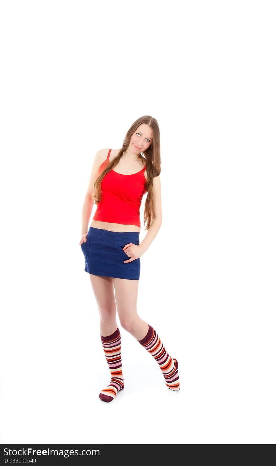 Woman legs in strip sock on white background