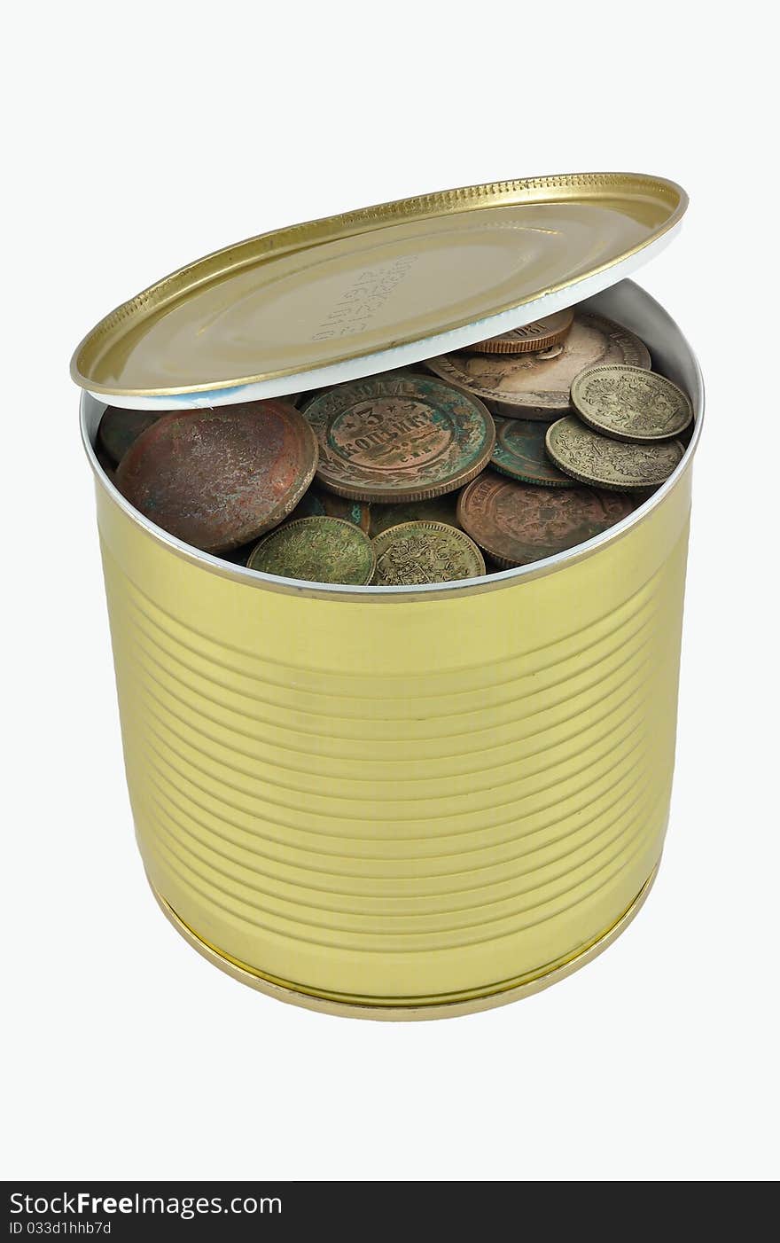 Open can with old silver and copper Russian coins over white background. Open can with old silver and copper Russian coins over white background