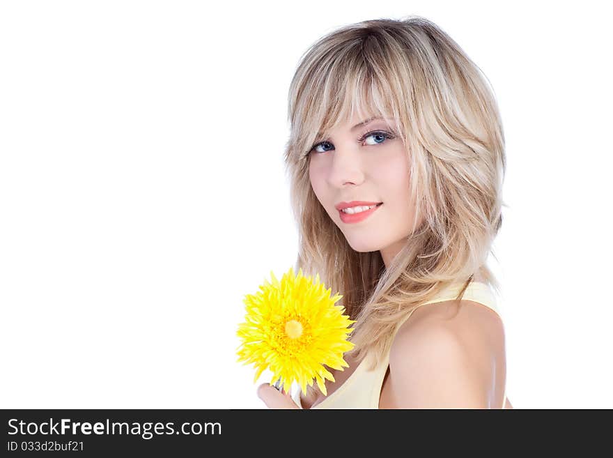 Beautiful woman with blond hair over white background