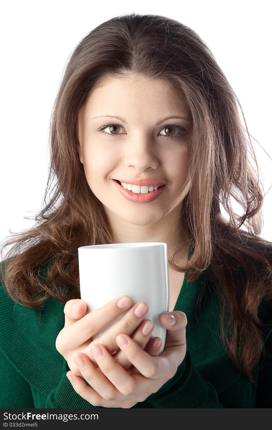 Loving young woman green sweater on white background. Loving young woman green sweater on white background