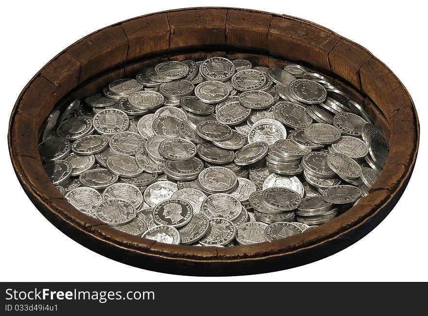 Silver coins treasure in a barrel from wood