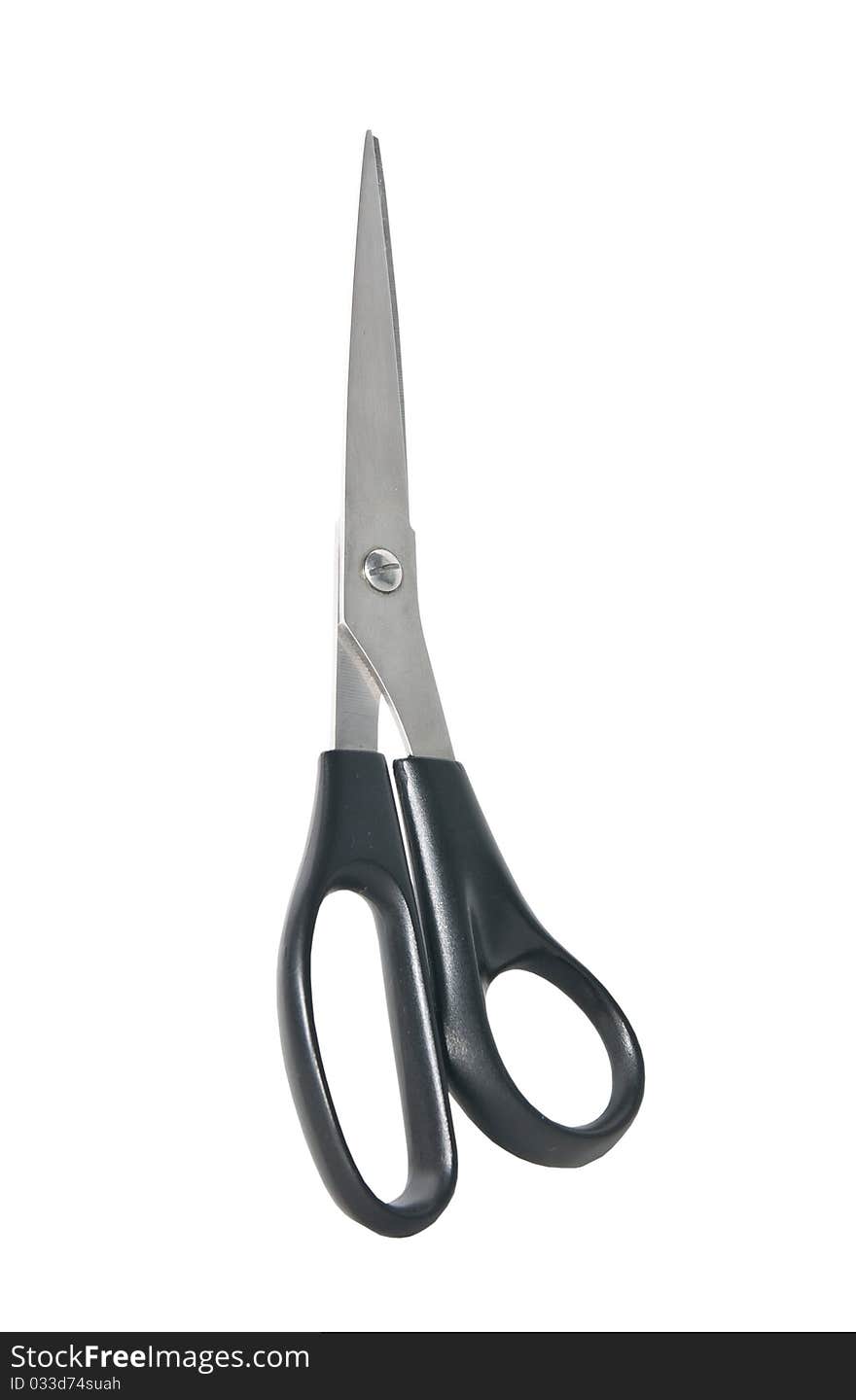 Metallic scissors with black pen on white background