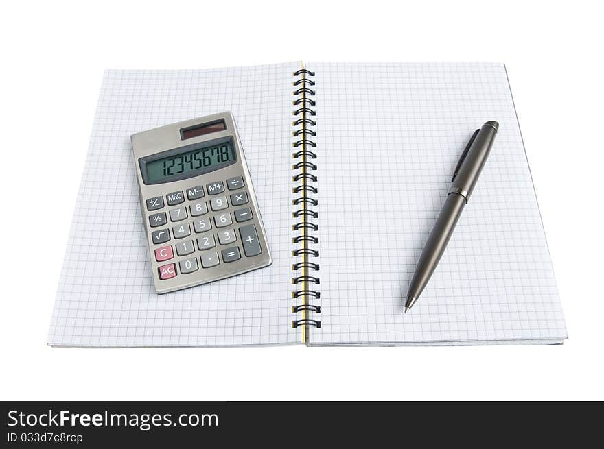 Open diary and calculator on a white background