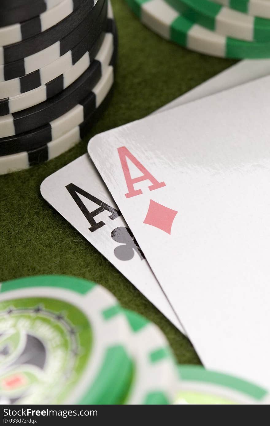 Close-up of Poker cards and gambling chips on green background