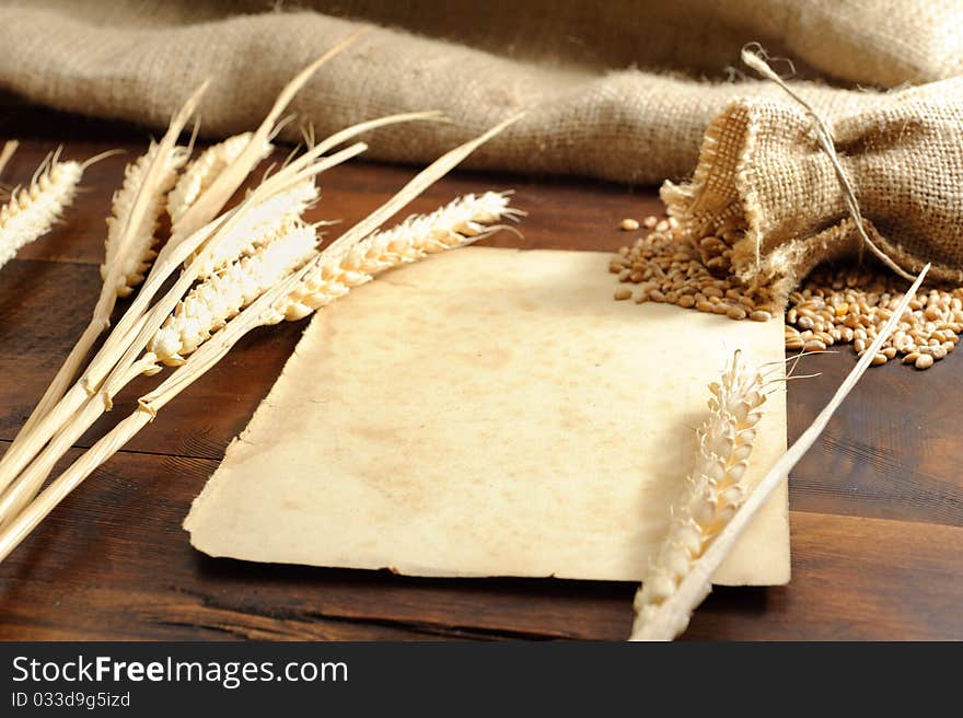 Piece of old paper with wheat ears background. Shallow DOF