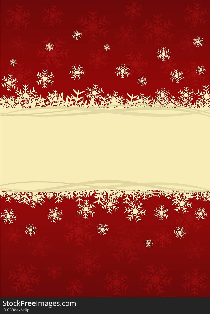 Beautiful Christmas card with snowflakes, golden decorations and space for text. Beautiful Christmas card with snowflakes, golden decorations and space for text