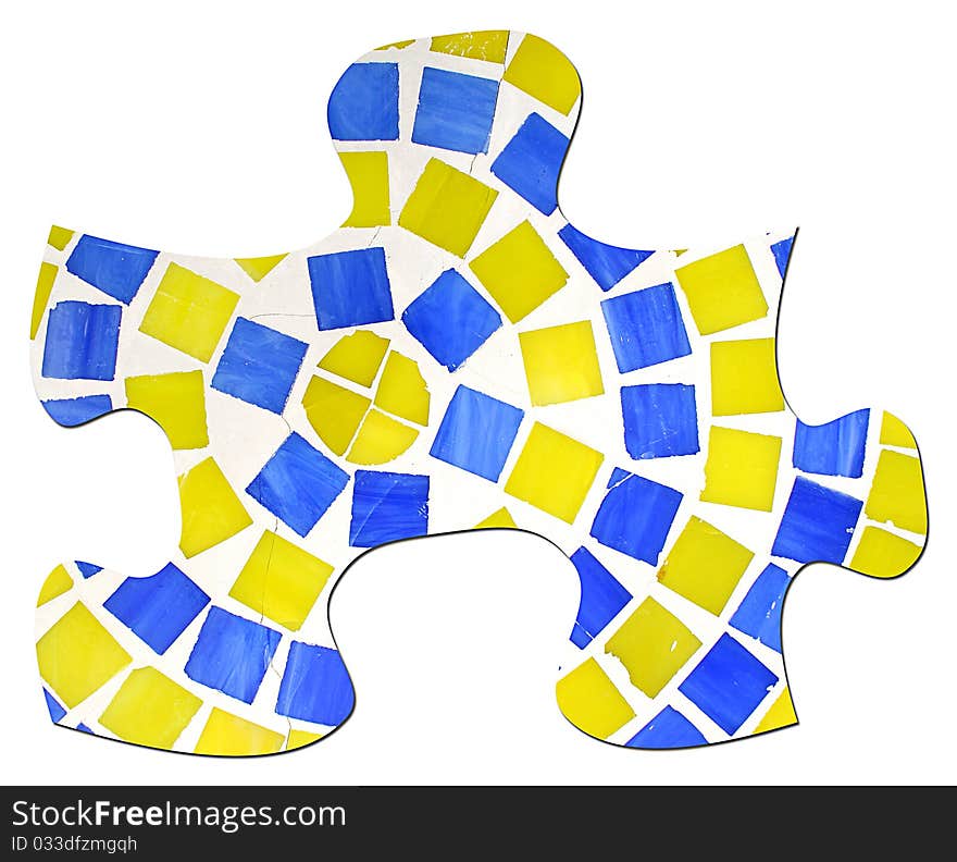 Large puzzle piece made of blue and yellow tiles and grout. Large puzzle piece made of blue and yellow tiles and grout.