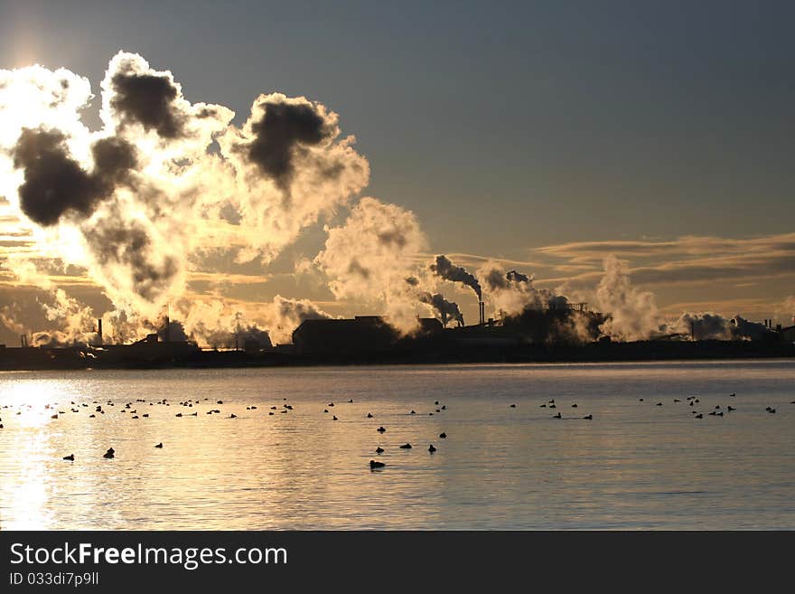 Sunrise through steam clouds along industrial shoreline