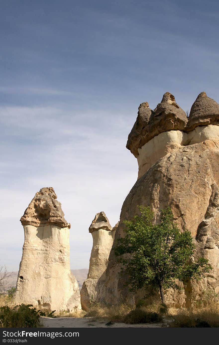 Fairy looking chimneys in Goreme valley in the aeria cappadocia in turkey. Fairy looking chimneys in Goreme valley in the aeria cappadocia in turkey