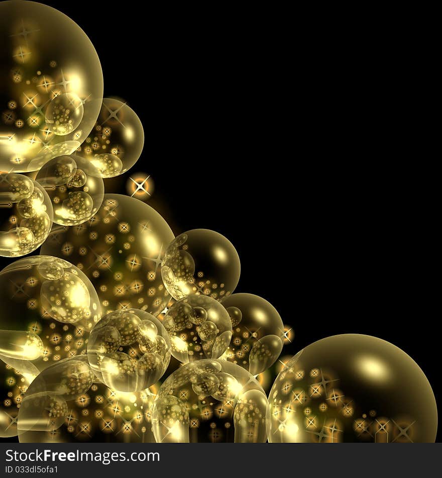 Fantasy background with golden bubbles and stars on black. Fantasy background with golden bubbles and stars on black