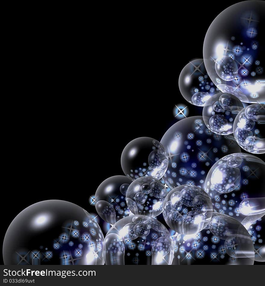 Fantasy background with bleu bubbles and stars on black. Fantasy background with bleu bubbles and stars on black