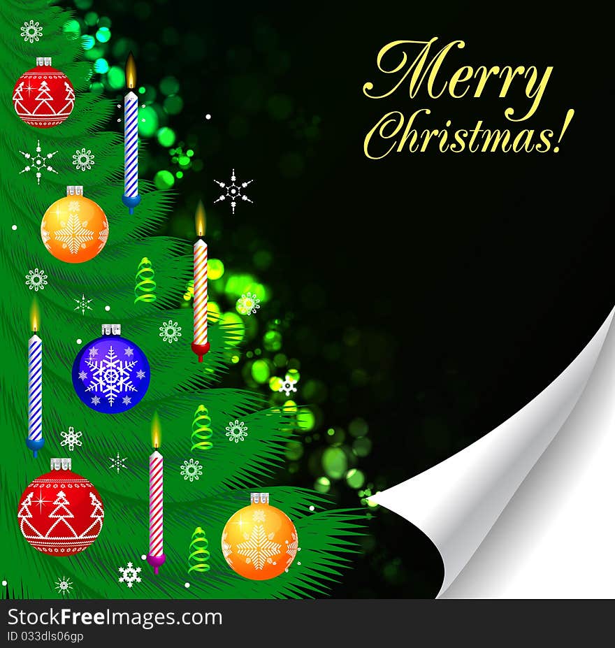 Christmas Tree Decorated Over Black background with page curl. Christmas Tree Decorated Over Black background with page curl