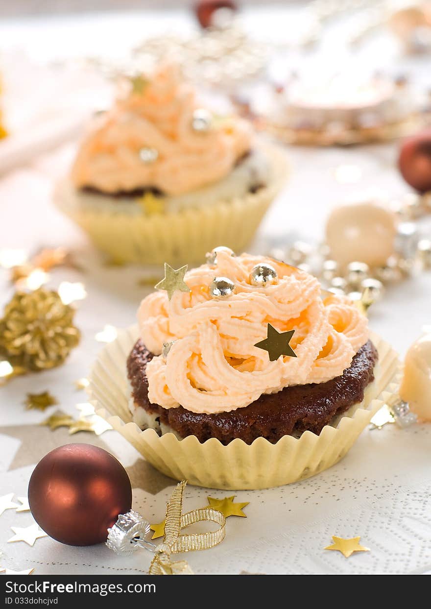 Chocolate muffins with christmas decoration