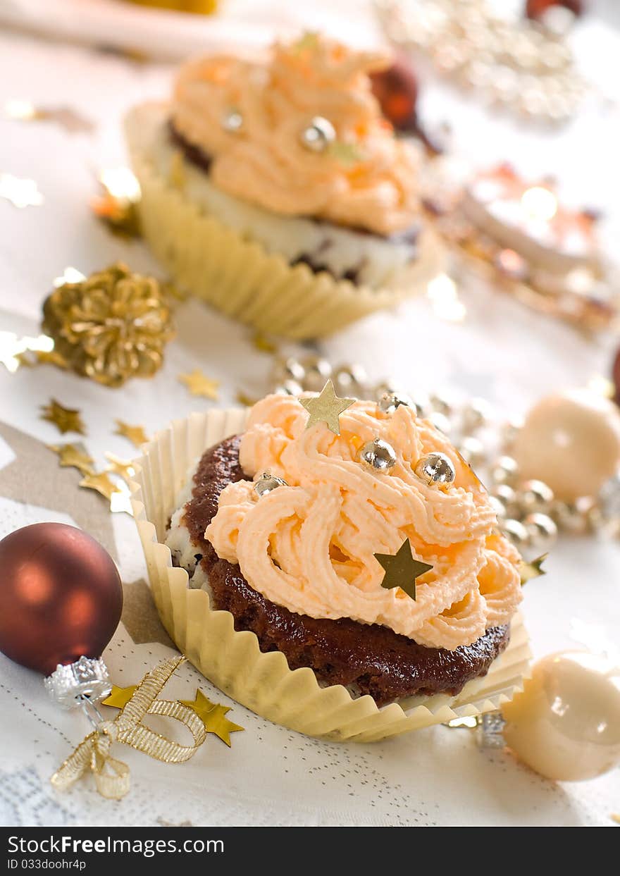 Chocolate muffins with christmas decoration