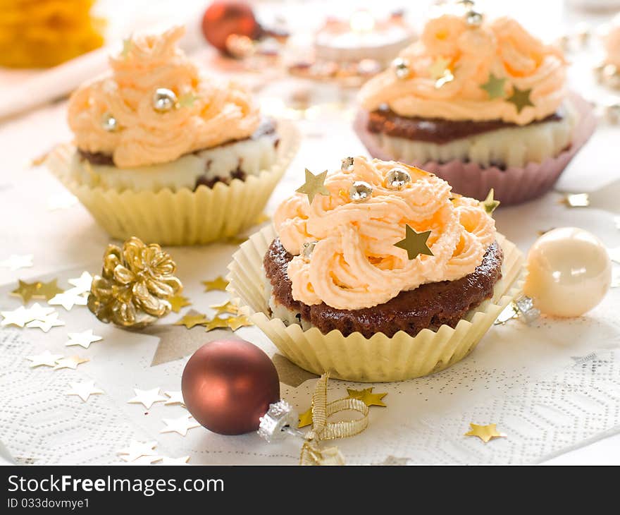 Chocolate muffins with christmas decoration