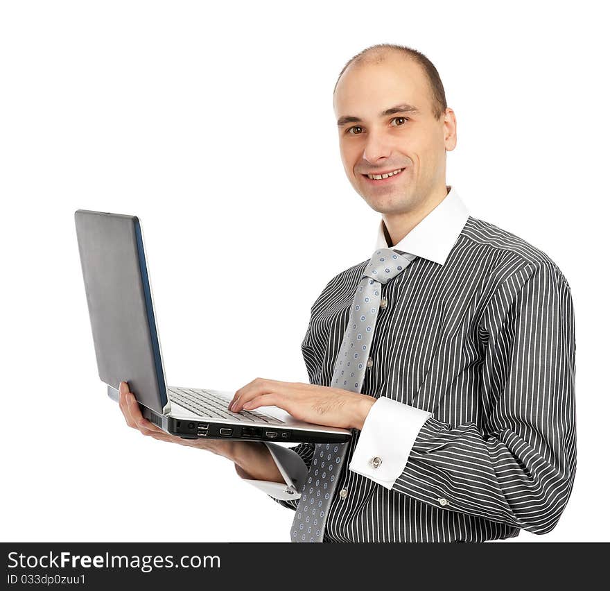 Happy man with laptop isolated on white