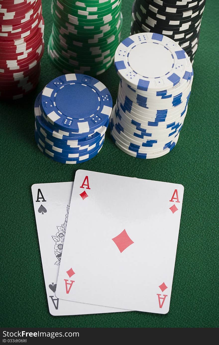 Close-up of Poker cards and gambling chips on green background