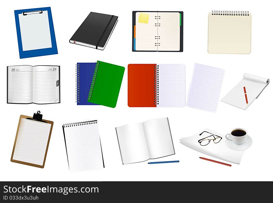 Some notebooks and office supplies. Some notebooks and office supplies.