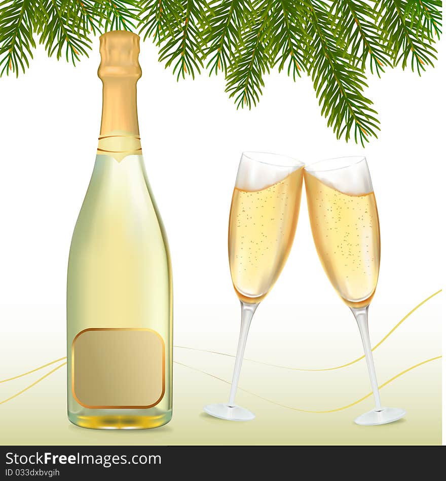 Vector illustration. Two glasses of champagne with bottle.