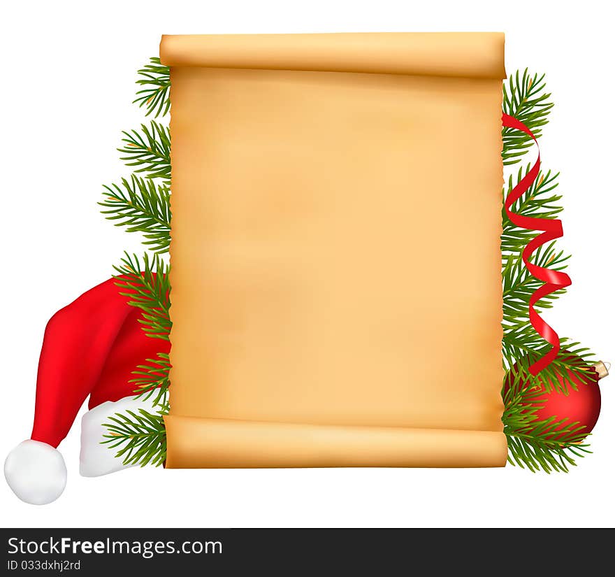 Red ribbons and Santa hats and gift box. Vector.