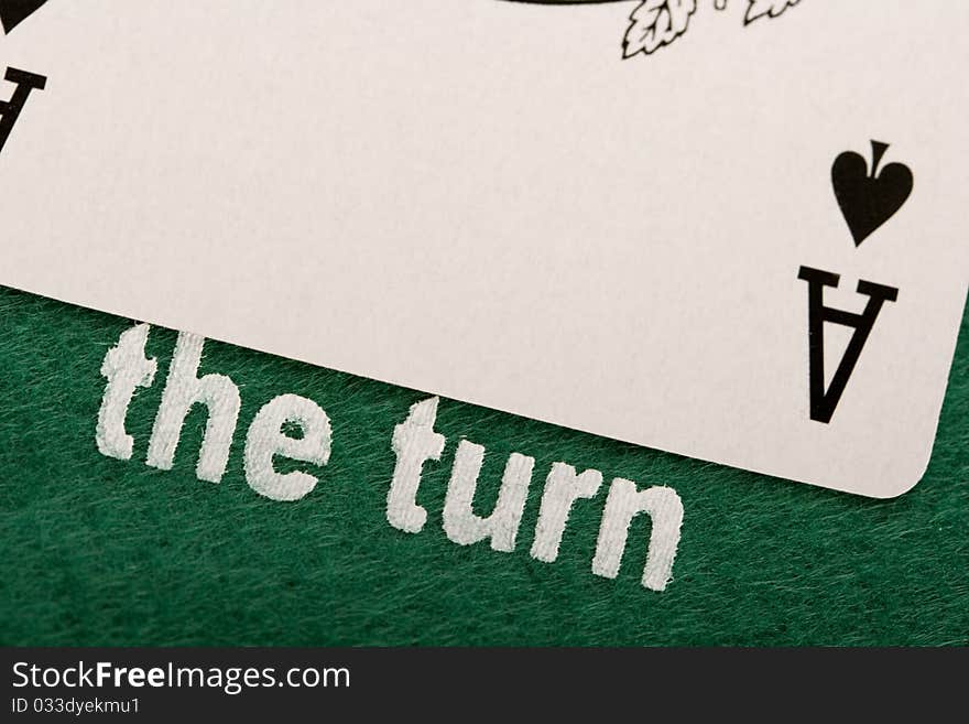 Close-up of Poker cards and gambling chips on green background