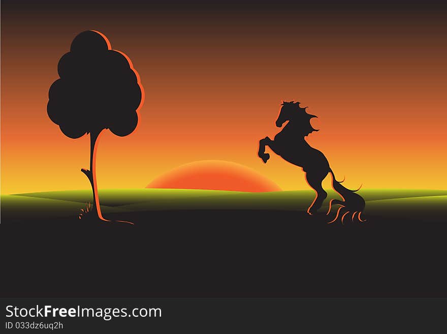 Illustration, silhouette black on background of the sundown. Illustration, silhouette black on background of the sundown