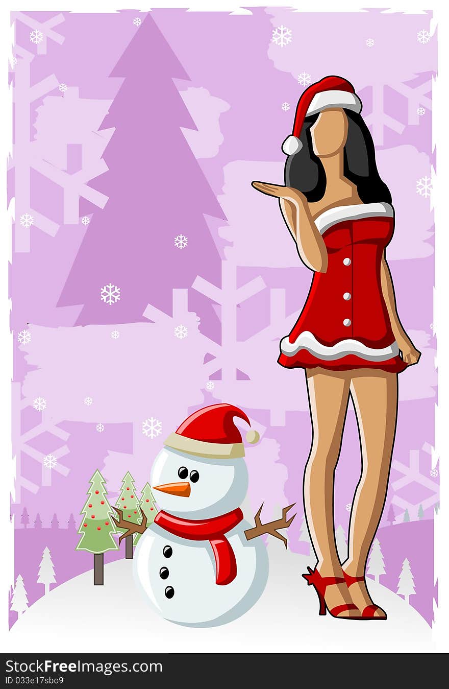 Christmas background with Mother santa and snowman.